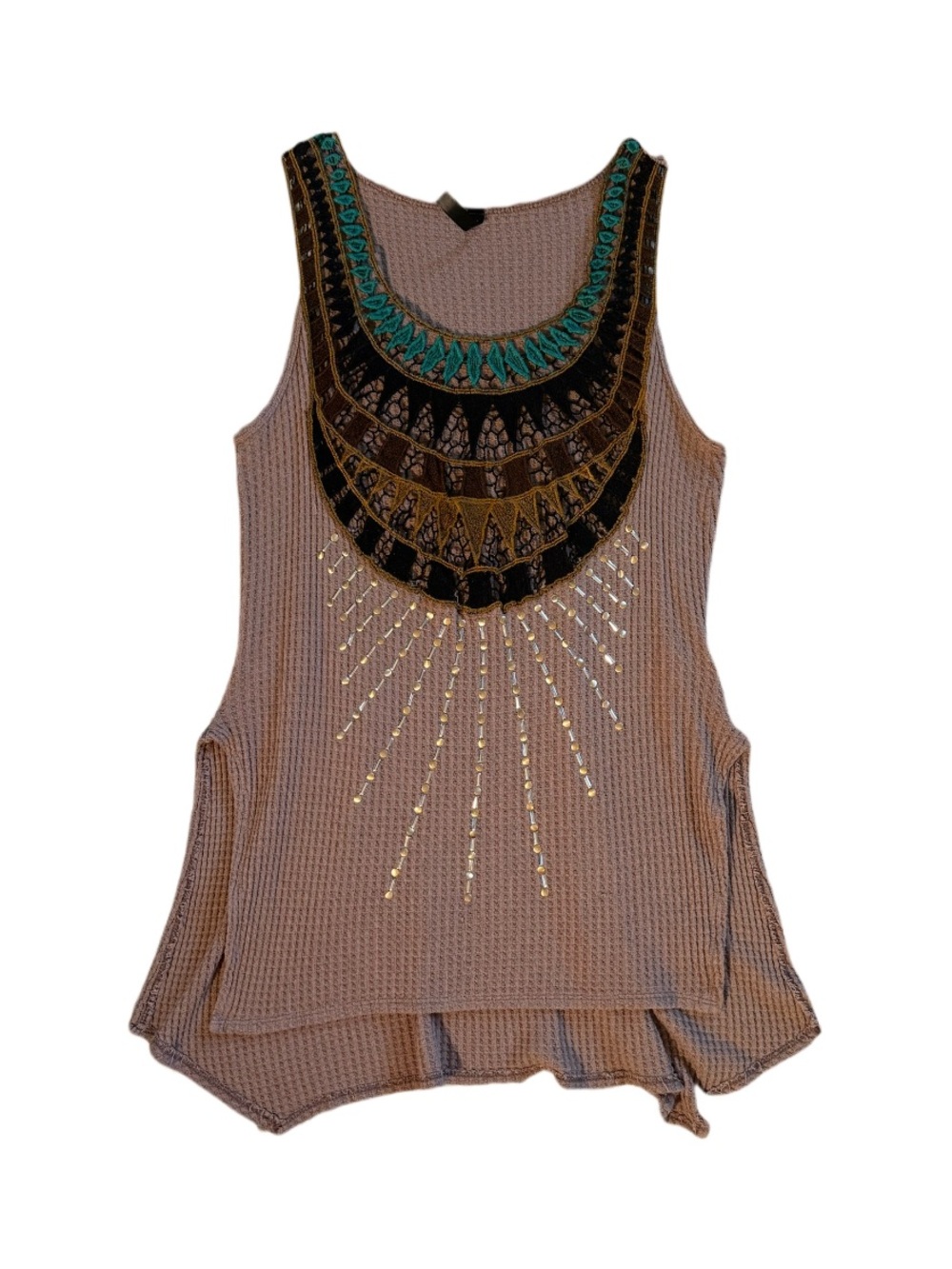 Embellished boho Taupe Waffle-Knit Tank with Teal & Black Bib